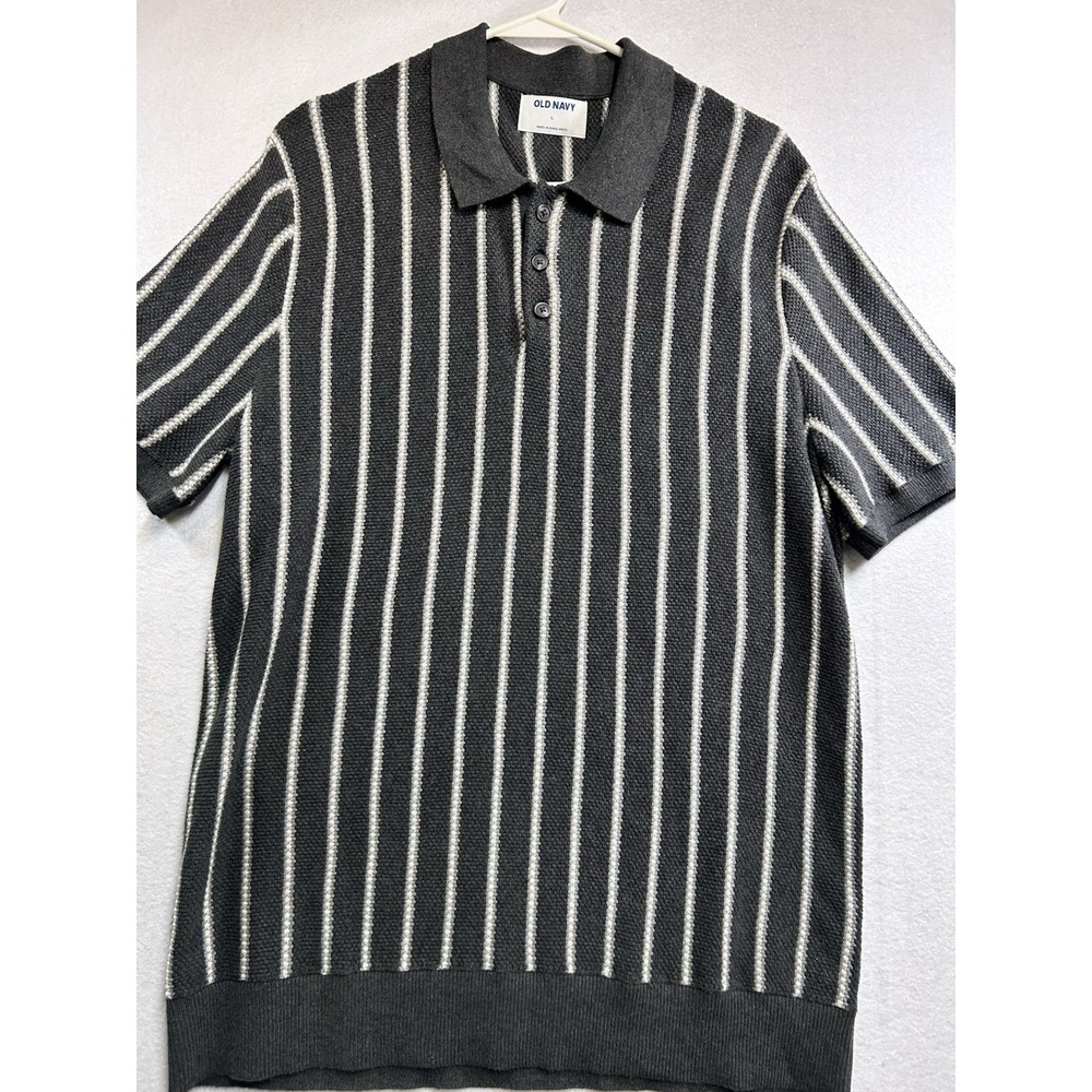 Old Navy Men's Size L Gray/White Striped Knit Polo Sweater Short Sleeve Collared